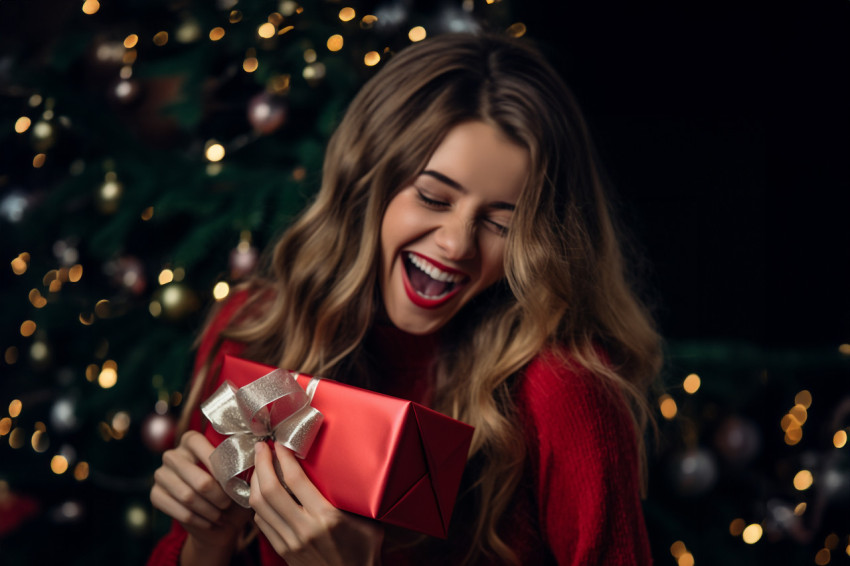 A close up photo of a man giving his girlfriend a Christmas gift A close up photo of a man giving his girlfriend a Christmas gift