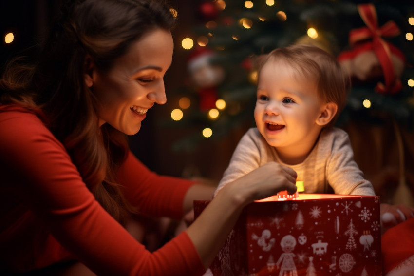 A photo of a happy family opening a Christmas gift box in front