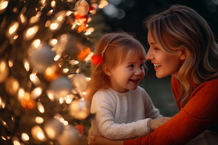 A picture of a happy mother and her daughter celebrating Christm A picture of a happy mother and her daughter celebrating Christm