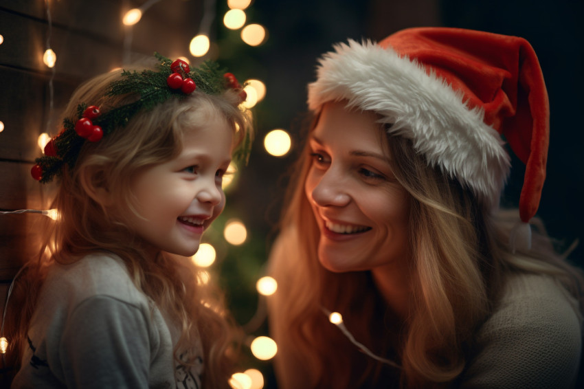 A picture of a happy mother and her daughter celebrating Christm A picture of a happy mother and her daughter celebrating Christm