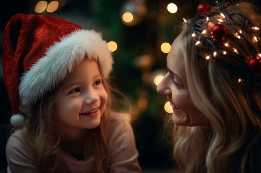 A picture of a happy mother and her daughter celebrating Christm A picture of a happy mother and her daughter celebrating Christm