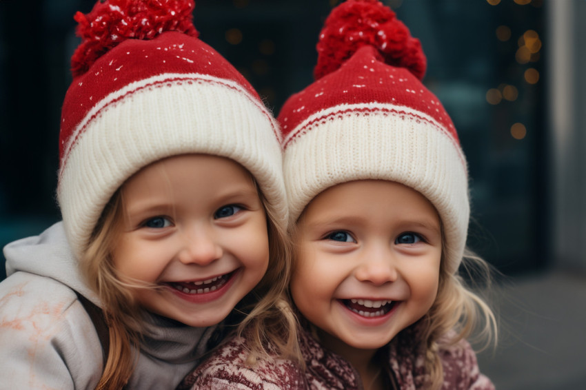 A photo of two happy and funny twin sisters hugging while celebr A photo of two happy and funny twin sisters hugging while celebr