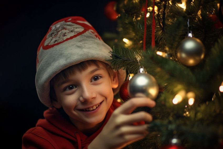 Photo of a happy boy in a Santa hat decorating a Christmas tree Photo of a happy boy in a Santa hat decorating a Christmas tree