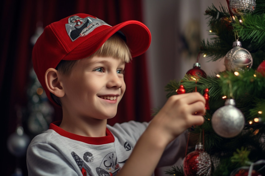 Photo of a happy boy in a Santa hat decorating a Christmas tree Photo of a happy boy in a Santa hat decorating a Christmas tree