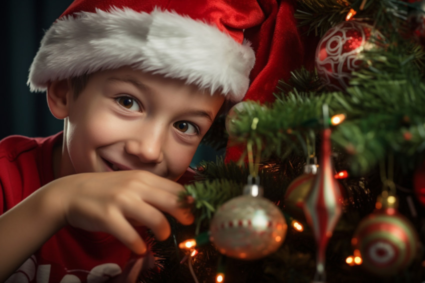 Photo of a happy boy in a Santa hat decorating a Christmas tree Photo of a happy boy in a Santa hat decorating a Christmas tree