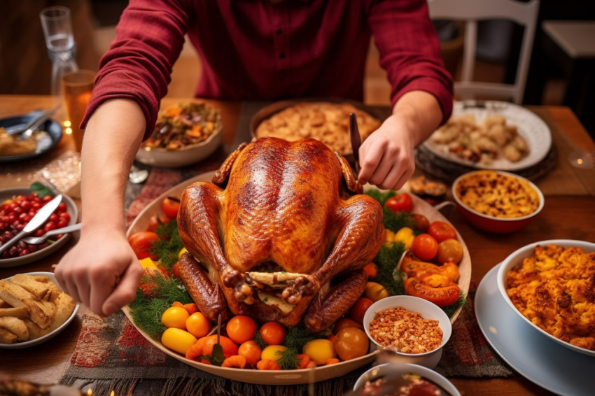 A photo of a young man placing a dish of roasted turkey on a hol