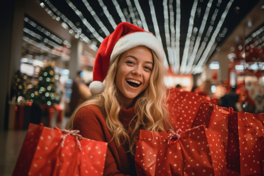 Picture of a smiling young woman shopping for Christmas Picture of a smiling young woman shopping for Christmas