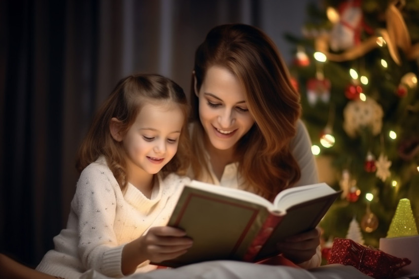 A photo of a happy mom reading a book to her daughter near a Chr A photo of a happy mom reading a book to her daughter near a Chr