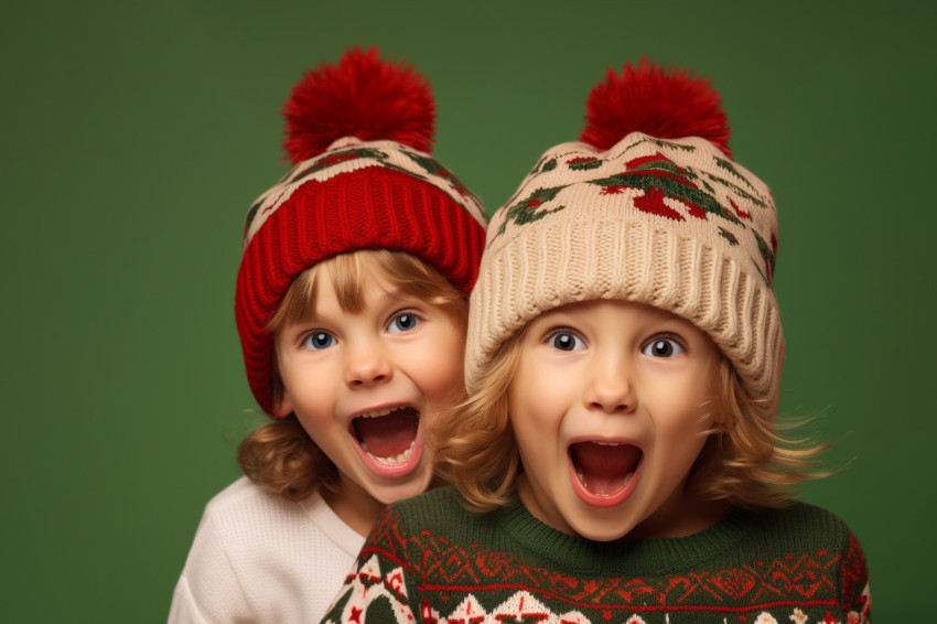 A photo of two funny kids, a boy and a girl, wearing Santa hats A photo of two funny kids, a boy and a girl, wearing Santa hats
