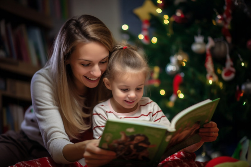 A photo of a happy mom reading a book to her daughter near a Chr A photo of a happy mom reading a book to her daughter near a Chr