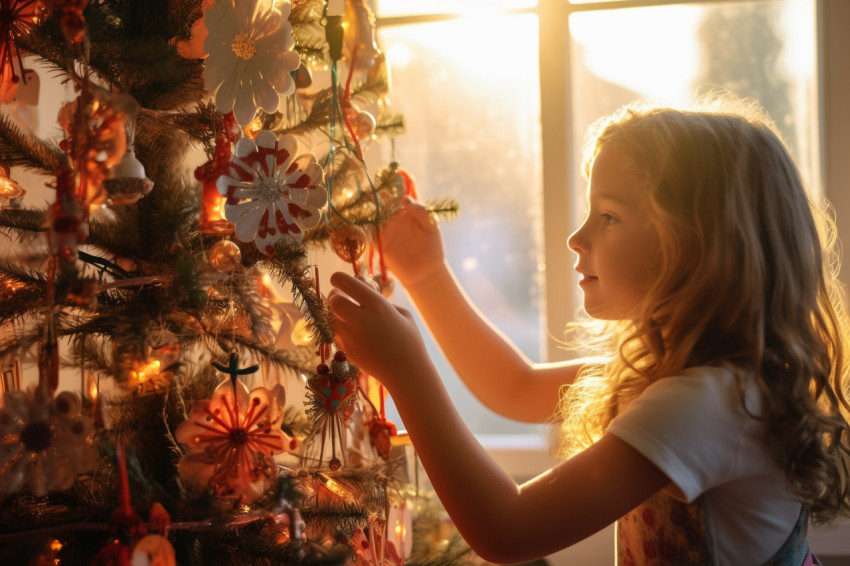 Picture of a mother and daughter putting up a Christmas tree in Picture of a mother and daughter putting up a Christmas tree in