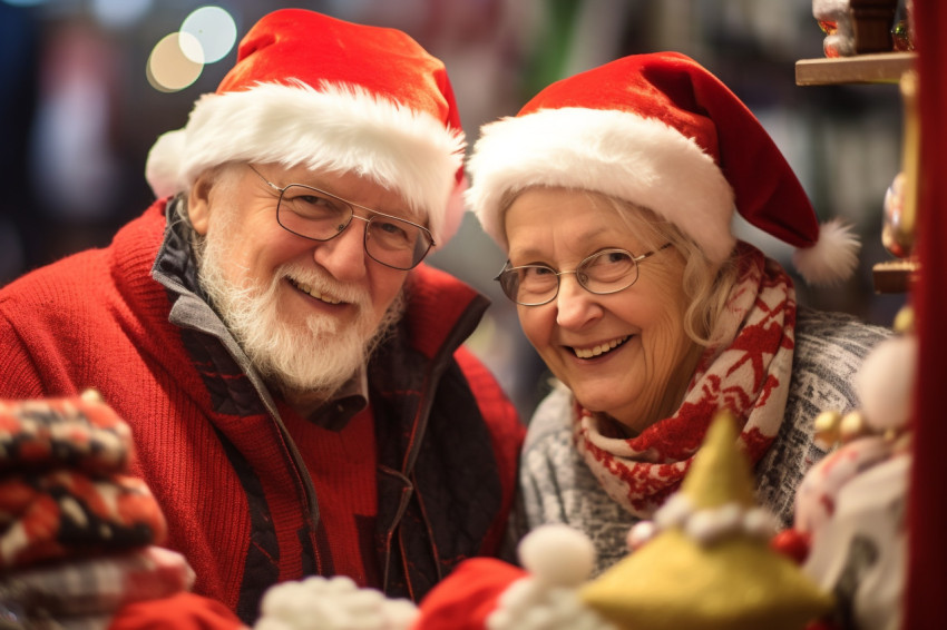 A photo of a happy older couple shopping at a Christmas market s A photo of a happy older couple shopping at a Christmas market s