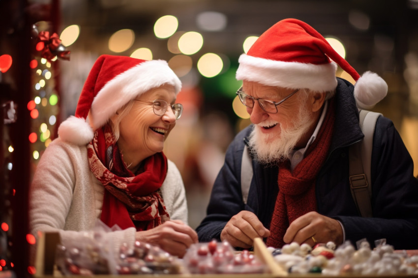 A photo of a happy older couple shopping at a Christmas market s A photo of a happy older couple shopping at a Christmas market s