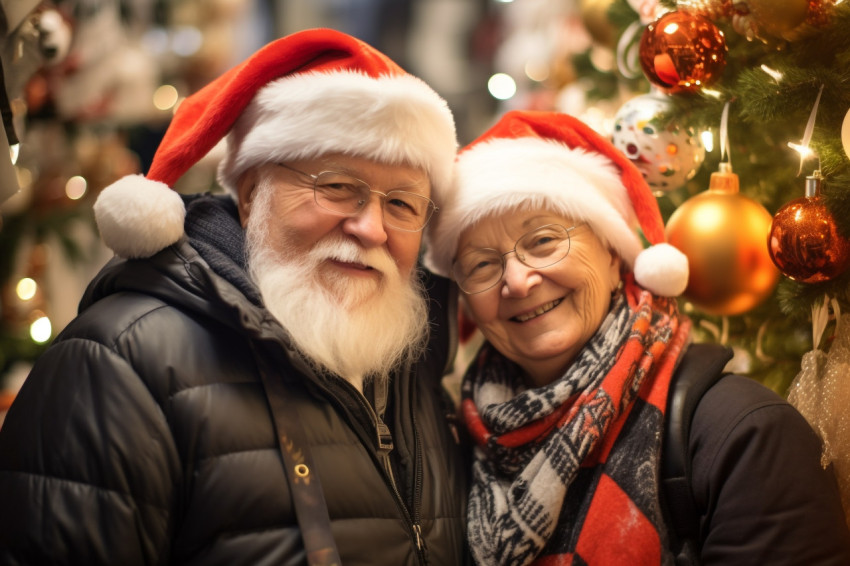 A photo of a happy older couple shopping at a Christmas market s A photo of a happy older couple shopping at a Christmas market s