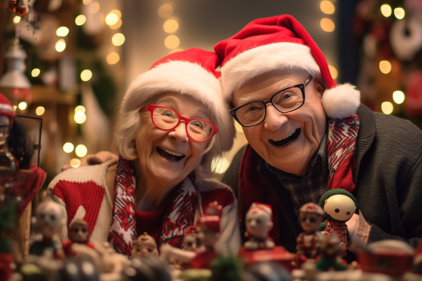 A photo of a happy older couple shopping at a Christmas market s A photo of a happy older couple shopping at a Christmas market s