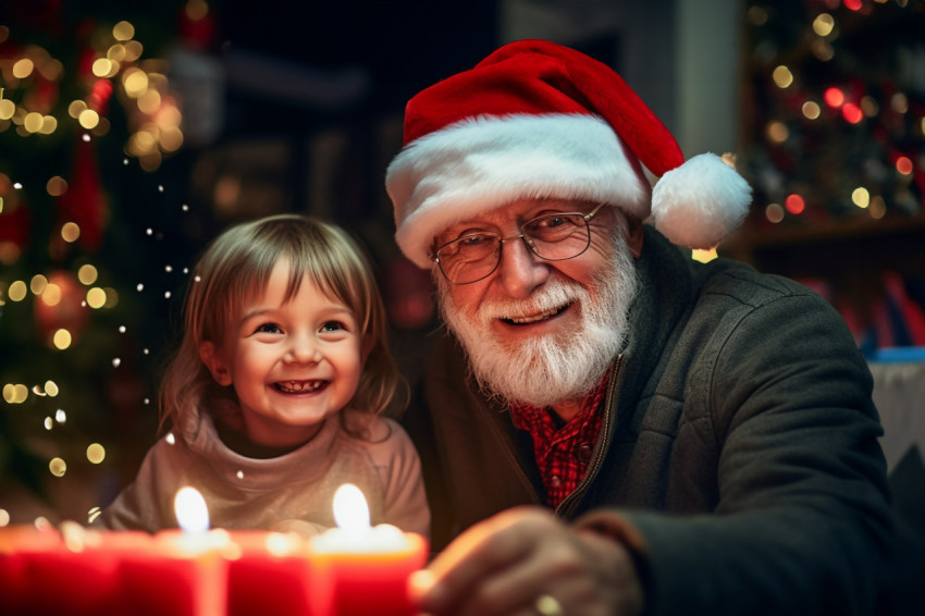 A picture of an old grandfather and his young granddaughter sitt A picture of an old grandfather and his young granddaughter sitt
