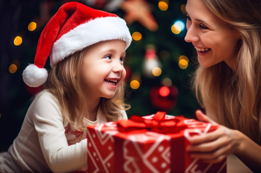 A photo of a happy mother and little girl wearing Santa hats and A photo of a happy mother and little girl wearing Santa hats and