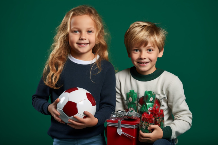 A picture of small children holding Christmas balls and gifts in A picture of small children holding Christmas balls and gifts in
