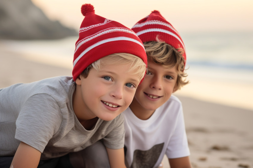A picture of two young boys wearing Santa hats sitting on the be A picture of two young boys wearing Santa hats sitting on the be