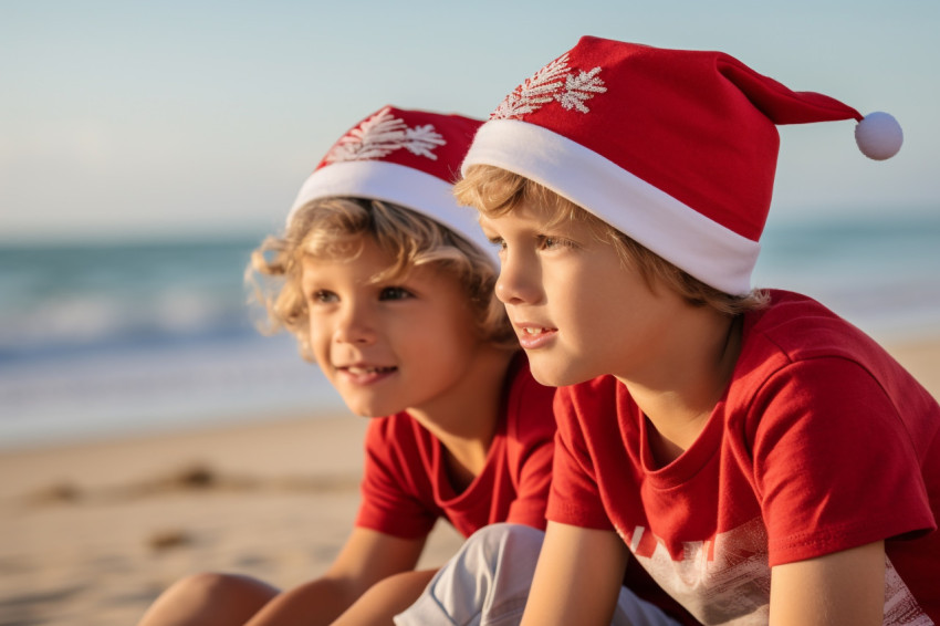 A picture of two young boys wearing Santa hats sitting on the be A picture of two young boys wearing Santa hats sitting on the be