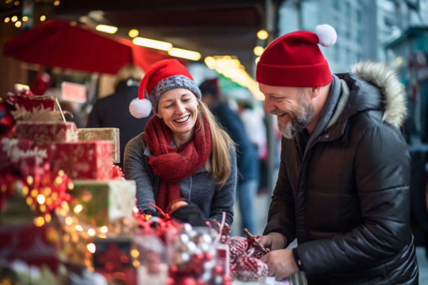 A picture of a happy couple shopping at a Christmas market and p A picture of a happy couple shopping at a Christmas market and p