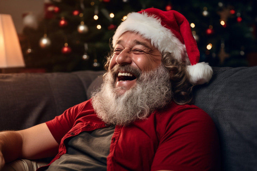 A picture of an older dad sitting on a couch at home at Christma A picture of an older dad sitting on a couch at home at Christma