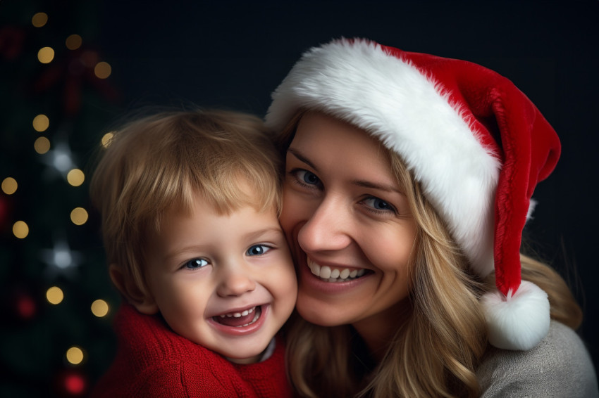 A picture of a happy mom and her baby wearing Santa hats A picture of a happy mom and her baby wearing Santa hats