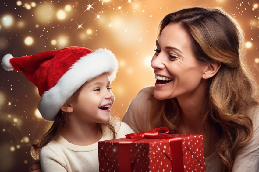 A photo of a family celebrating Christmas, with a happy mother a A photo of a family celebrating Christmas, with a happy mother a