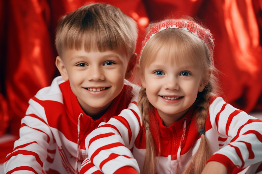 A picture of two happy kids in red and white clothes having fun A picture of two happy kids in red and white clothes having fun