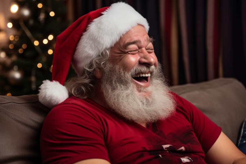 A picture of an older dad sitting on a couch at home at Christma A picture of an older dad sitting on a couch at home at Christma