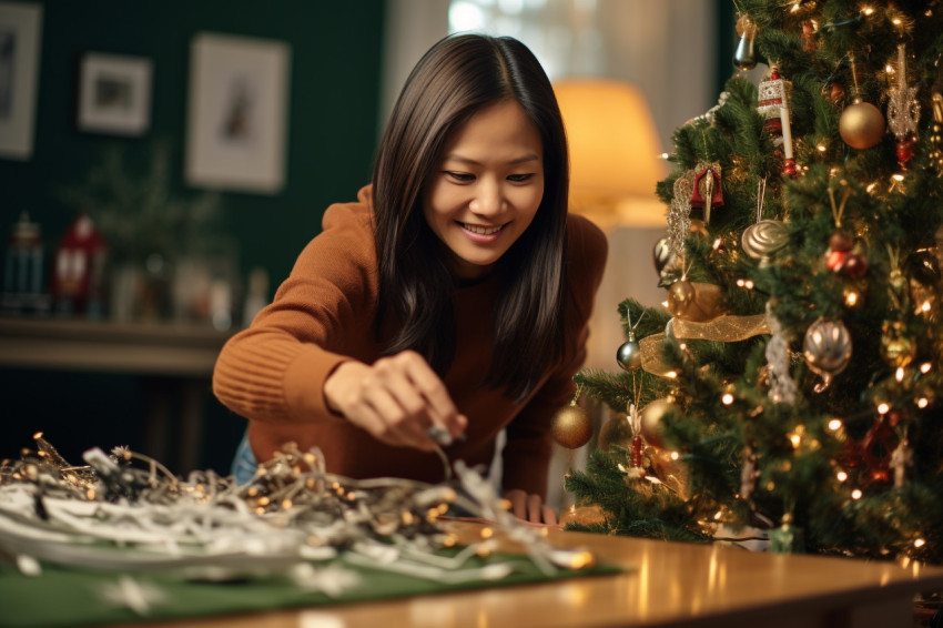 A picture of a beautiful Vietnamese woman setting the table whil A picture of a beautiful Vietnamese woman setting the table whil