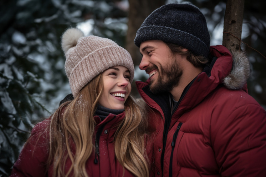 A photo of a young couple in love having fun outside in the wint