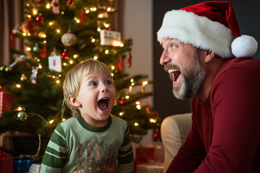 A photo of a happy son and his father looking at the Christmas t A photo of a happy son and his father looking at the Christmas t