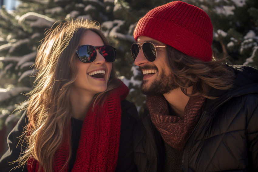 A photo of a young couple in love having fun outside in the wint