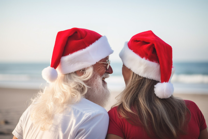 A photo of a couple wearing Santa hats together on the beach, se A photo of a couple wearing Santa hats together on the beach, se