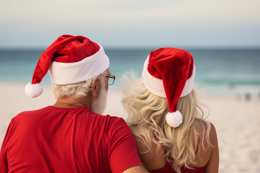 A photo of a couple wearing Santa hats together on the beach, se A photo of a couple wearing Santa hats together on the beach, se