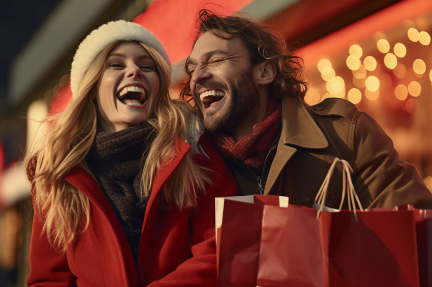 A photo of a young couple holding shopping bags and having fun o A photo of a young couple holding shopping bags and having fun o