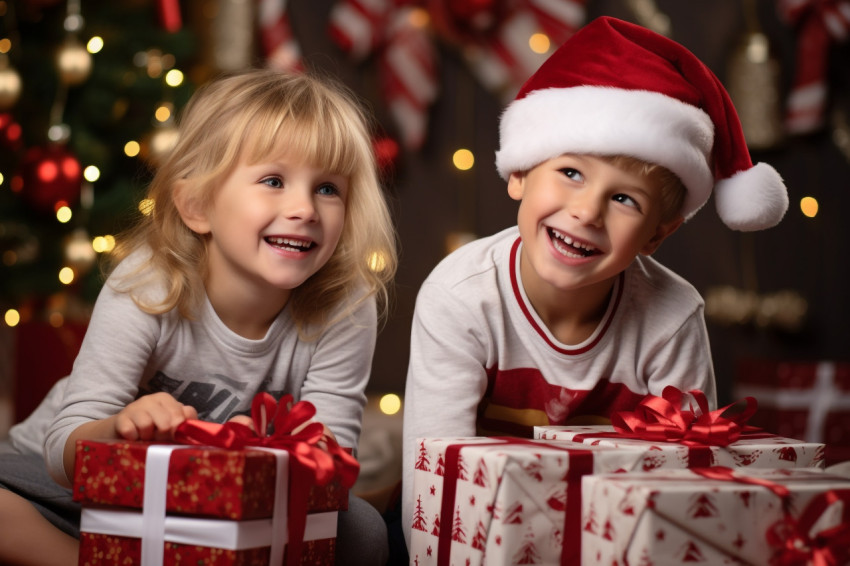A photo of a happy little girl and boy hugging at home with Chri A photo of a happy little girl and boy hugging at home with Chri