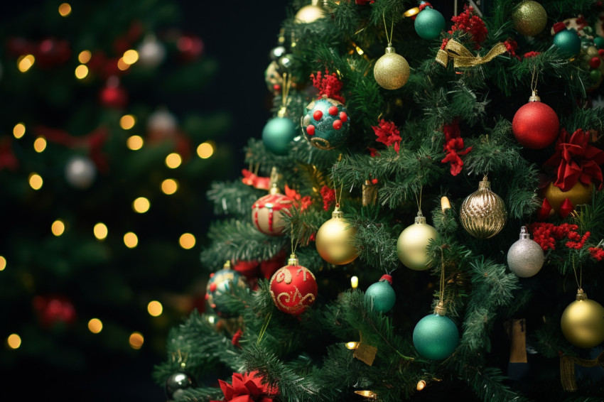 A photo of a Christmas tree with decorations A photo of a Christmas tree with decorations