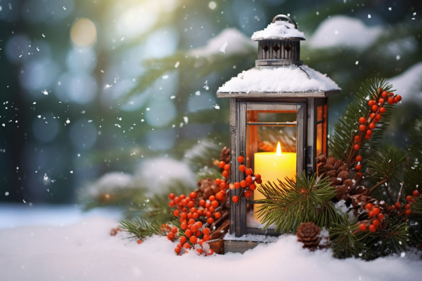 A picture of a Christmas light on snow with a pine branch in the A picture of a Christmas light on snow with a pine branch in the