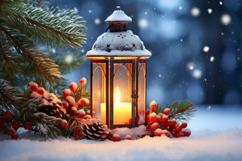 A picture of a Christmas light on snow with a pine branch in the A picture of a Christmas light on snow with a pine branch in the