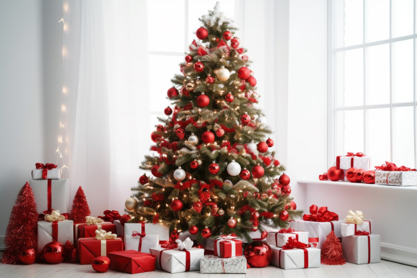 A photo of a Christmas tree with red presents in a white room A photo of a Christmas tree with red presents in a white room