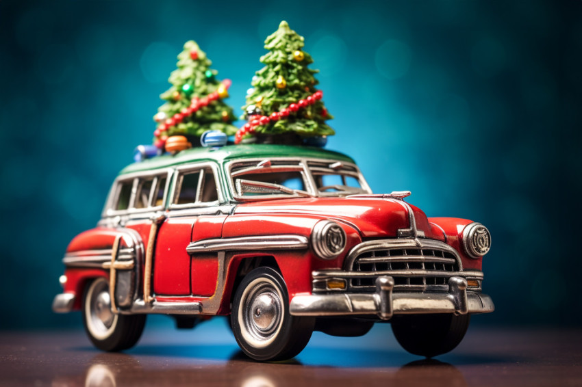 A picture of a small Christmas tree on a toy vehicle A picture of a small Christmas tree on a toy vehicle