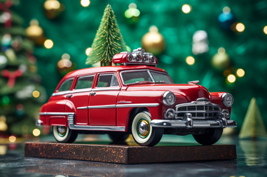 A picture of a small Christmas tree on a toy vehicle A picture of a small Christmas tree on a toy vehicle