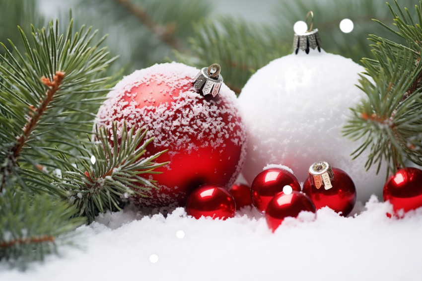 A picture of Christmas ornaments on snow with snow covered fir b A picture of Christmas ornaments on snow with snow covered fir b