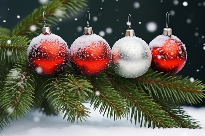 A picture of Christmas ornaments on snow with snow covered fir b A picture of Christmas ornaments on snow with snow covered fir b