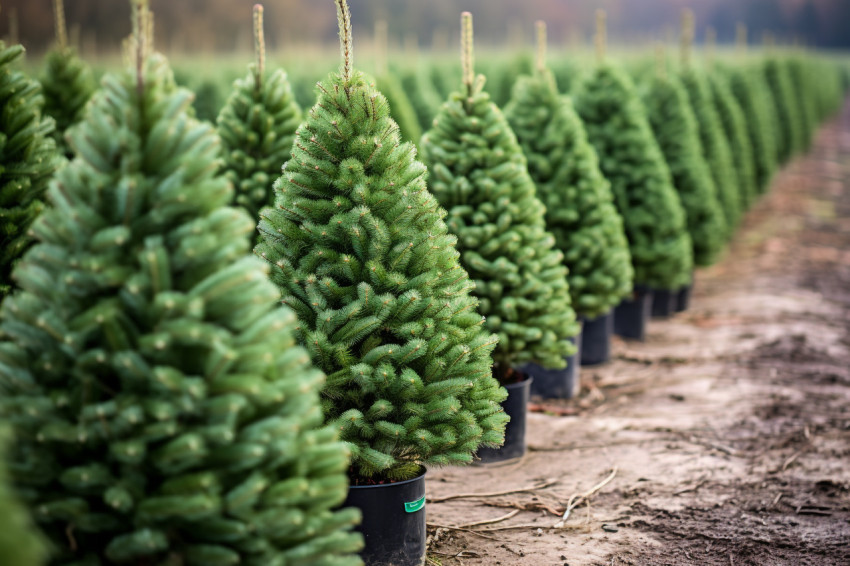 A picture of Christmas trees lined up in rows on a farm A picture of Christmas trees lined up in rows on a farm