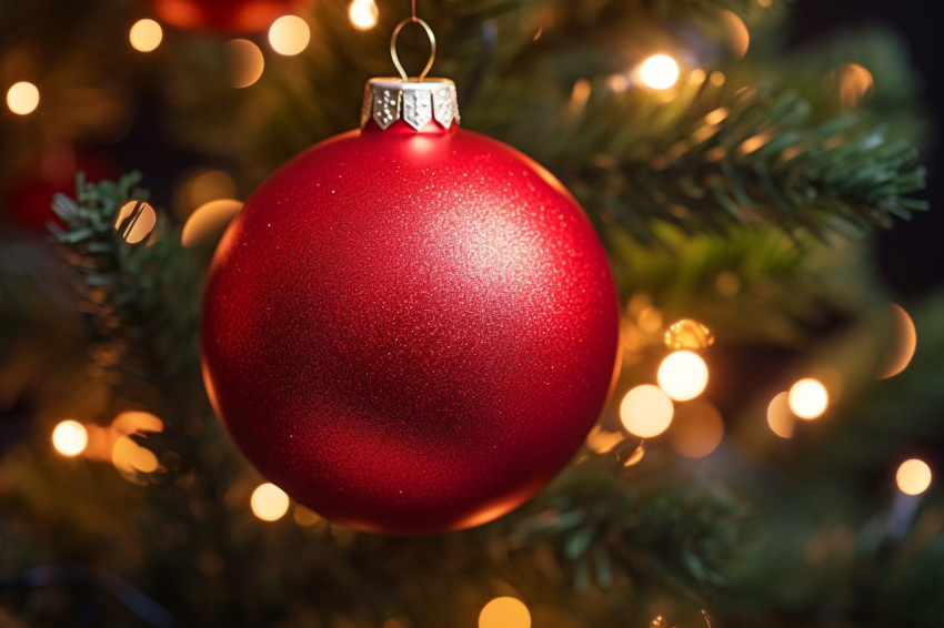 A close up photo of a single red ornament on a Christmas tree wi A close up photo of a single red ornament on a Christmas tree wi