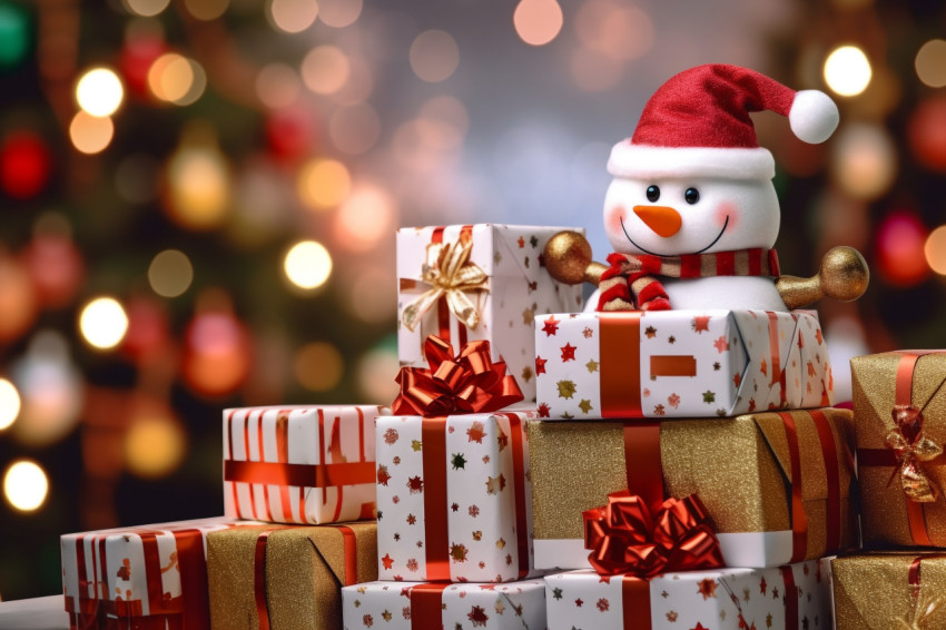 A photo of a gift box in a Christmas scene with a snowman and de A photo of a gift box in a Christmas scene with a snowman and de