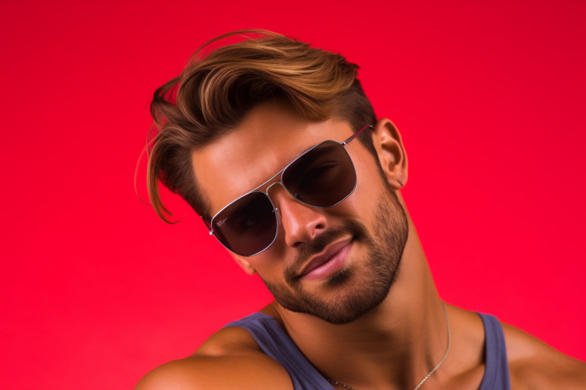 A photo of a smiling young man with sunglasses standing against A photo of a smiling young man with sunglasses standing against